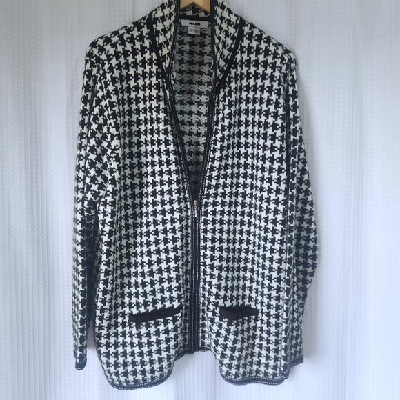 Alia Cardigan Sweater Womens XL Black and White Houndstooth Full Zip - Picture 3 of 8